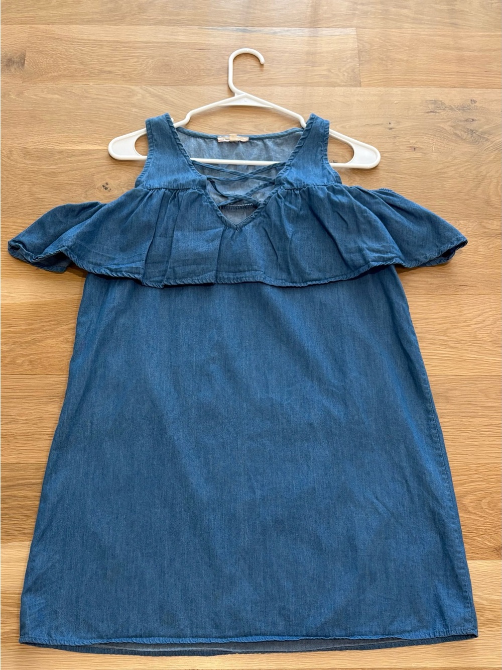 Love Culture Denim Chambray Cold-Shoulder Dress with Ruffle
